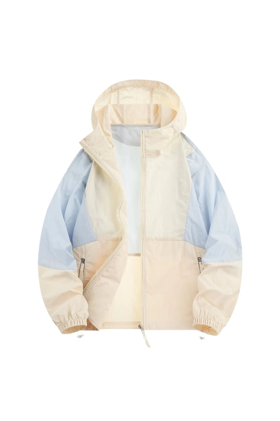 Men's UPF 50+ Sun Protection Color Block Hooded Jacket Multi Pocket Full Zip Outdoor Hiking Shirt Sky Blue XXL