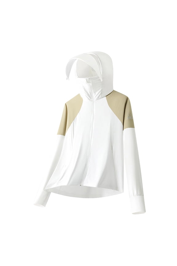 Men's UPF 50+ Sun Protection Color Block Hooded Jacket with Face Cover Full Zip Outdoor Shirt White XXL