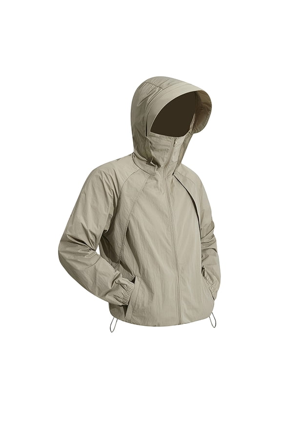 Men's UPF 50+ Sun Protection Full Face Cover Hoodie Jacket with Brim Full Zip Outdoor Camping Shirt Khaki S