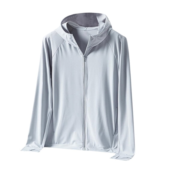 Mrmaere Men's UPF 50+ Sun Protection High Neck Full Zip Hooded Jacket Long Sleeve Outdoor Work Coat Silver XL