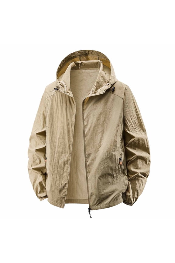Men's UPF 50+ Sun Protection Hooded Jacket with Drawstring Full Zip Outdoor Hiking Coat Khaki XXL