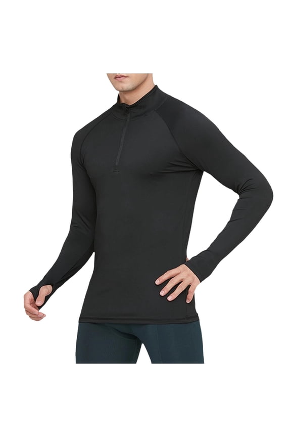 Men's UPF 50+ Sun Protection Mock Neck Thumb Hole Compression Top Long Sleeve Outdoor Running Shirt Black L