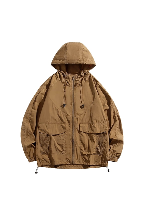 Men's UPF 50+ Sun Protection Oversized Hooded Jacket Full Zip Multi Pocket Outdoor Work Coat Coffee L