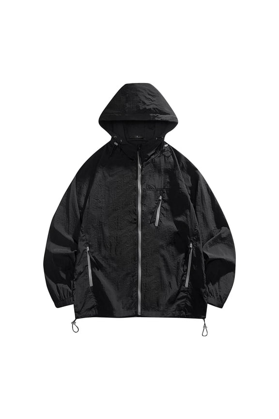 Men's UPF 50+ Sun Protection Oversized Hooded Jacket with Reflective Strips Full Zip Outdoor Night Coat Black S