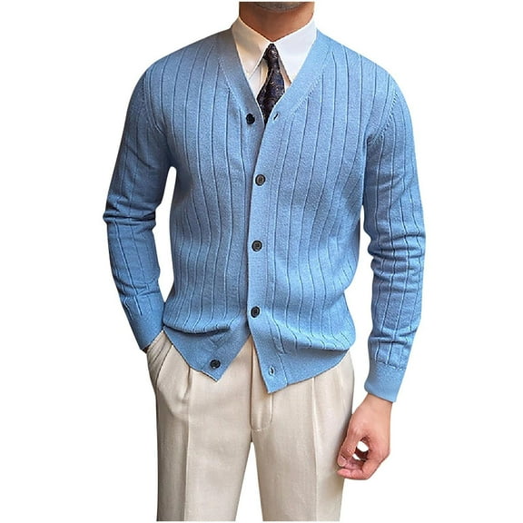 Mrmaere Men's V-Neck Button-Front Knit Cardigan Ribbed Texture Stylish Comfortable Outerwear for Formal & Daily Blue XXXL