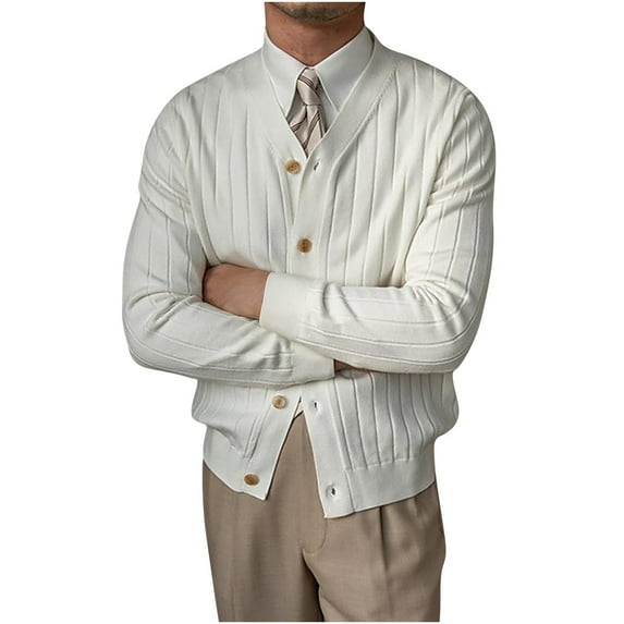 Mrmaere Men's V-Neck Button-Front Knit Cardigan Ribbed Texture Stylish Comfortable Outerwear for Formal & Daily White L