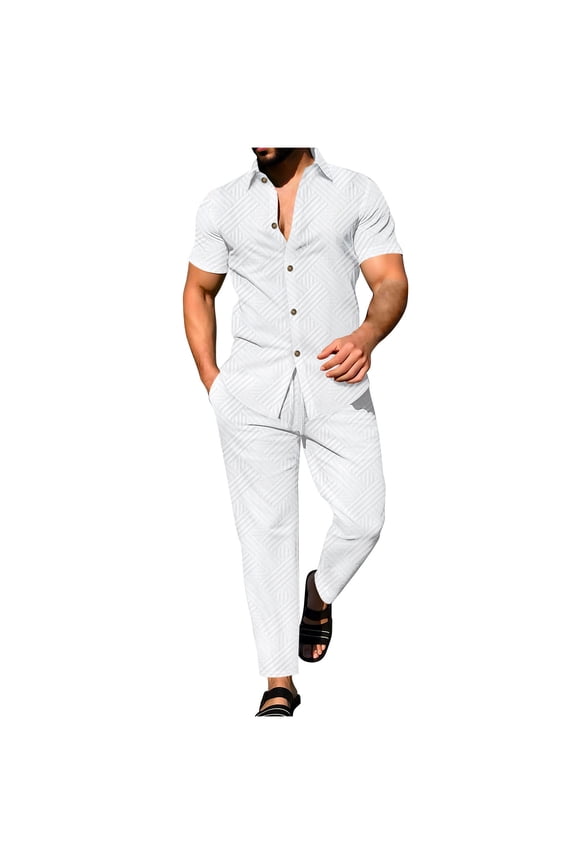 Men's V Neck Scrub Set Short Sleeve Pants 2 Piece Zipper Closure Stretchy for Work White M