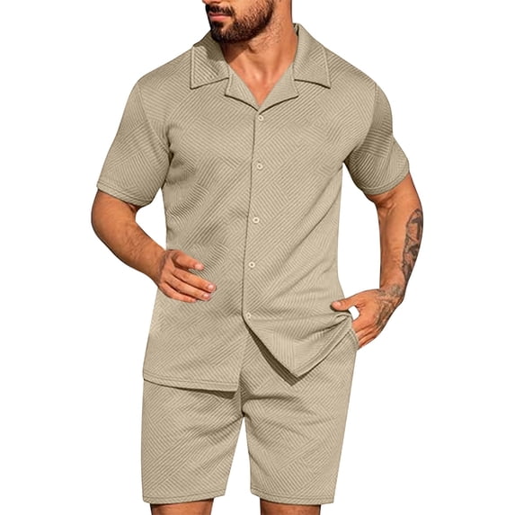 Mrmaere Men's V Neck Scrub Set Short Sleeve Shorts 2 Piece Button Closure Breathable for Daily Beige L