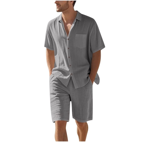 Mrmaere Men's V Neck Scrub Set Short Sleeve Shorts 2 Piece Button Closure Breathable for Daily Gray L