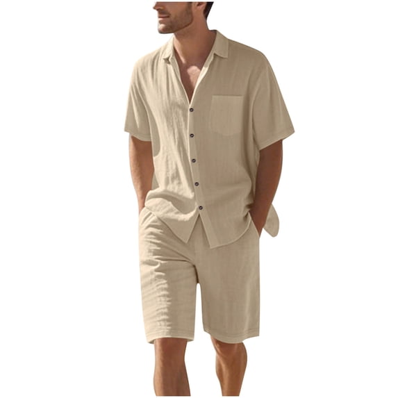 Mrmaere Men's V Neck Scrub Set Short Sleeve Shorts 2 Piece Button Closure Breathable for Daily Khaki S