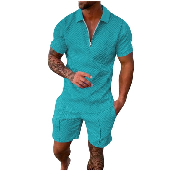 Mrmaere Men's V Neck Shirt and Shorts Set Short Sleeve 2 Piece Button Closure Breathable for Beach Travel Sky Blue XL