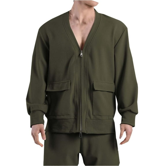 Mrmaere Men's V-Neck Zip-Up Jacket Multi-Pocket Textured Fabric Comfortable Outerwear for Daily & Leisure Wear Army Green L