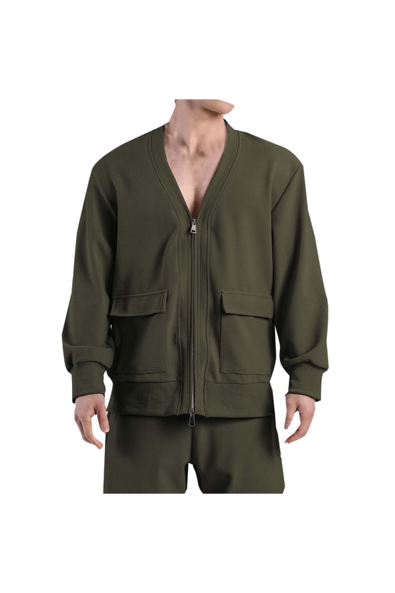 Men's V-Neck Zip-Up Jacket Multi-Pocket Textured Fabric Comfortable Outerwear for Daily & Leisure Wear Army Green XXL