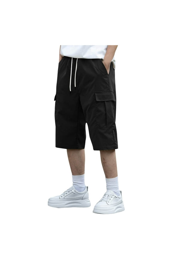 Men's Wide Leg Cargo Shorts Long Length Elastic Waist Drawstring Closure Functional Pockets for Street Casual Errands Black XL