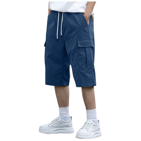 Mrmaere Men's Wide Leg Cargo Shorts Long Length Elastic Waist Drawstring Closure Functional Pockets for Street Casual Errands Navy XL