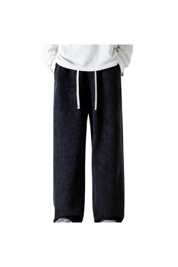 Men’s Wide Leg Drawstring Denim Pants Long Leg Soft Fabric Roomy Pockets Wear for Street Style Daily Commutes Black L