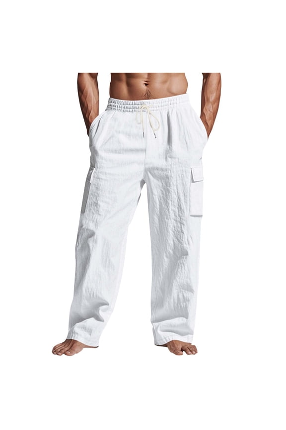 Mrmaere Men’s Wide Leg Multi Pocket Cargo Pants Long Leg Sturdy Fabric Practical Design Wear for Outdoor Tasks Street Looks White S