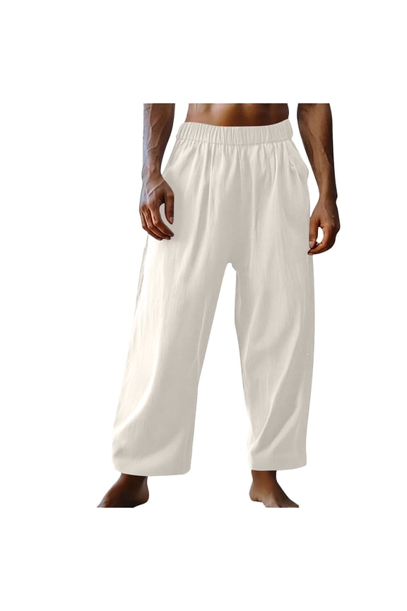 Men’s Wide Leg Tie-Waist Casual Pants Long Leg Lightweight Fabric Relaxed Design Wear for Summer Outings Beach Activities Beige XS