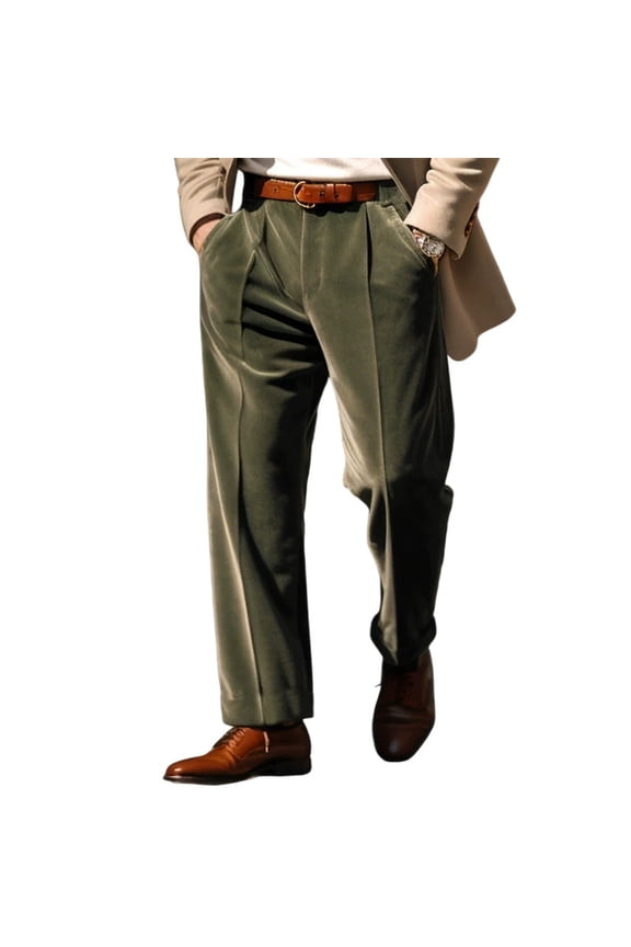 Men's Wide Leg Velvet Pants Pleated Waist Belt Loops Fabric Formal Casual Daily Streetwear Army Green S