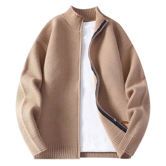Mrmaere Men's Zip-Up Knit Jacket Stand Collar Textured Fabric Warm Comfortable Outerwear for Daily & Casual Khaki L