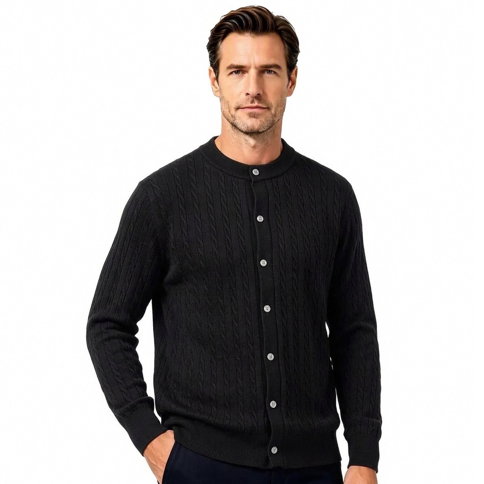 Mrmaere Mens Cable Knit Cardigan Crew Neck Button Front Long Sleeve ...