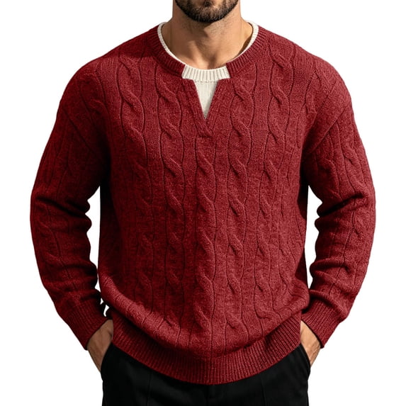 Mrmaere Mens Cable Knit Sweater Notch Neck Pullover Long Sleeve Fake ...