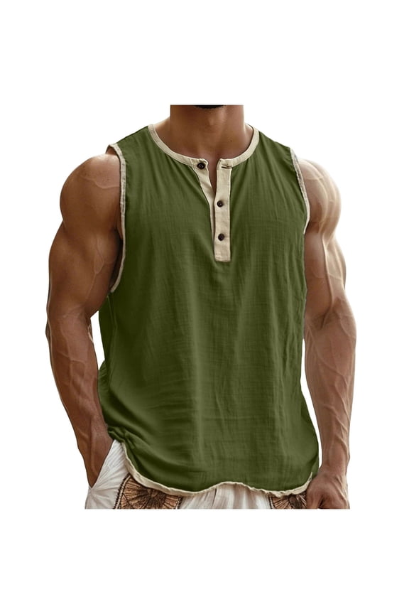 Mens Henley Collar Buttoned Tank Top Stretchy Breathable Office Leisure Daily Shirt Army Green S