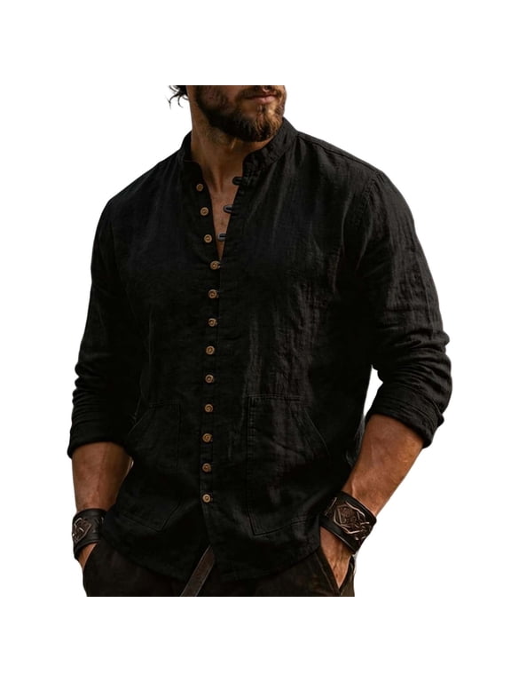 Mens Long Sleeve Shirt Button Down Loose Fit Vintage Shirts Collarless High Elastic Tops Henley Shirt Black S