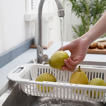 Mrmaere Multipurpose Kitchen Sink Strainer Basket for Utensils and Dishes, Expandable Plastic Colander Basket for Kitchen Use, Kitchen Draining Basket with Adjustable Size up to 45cm White