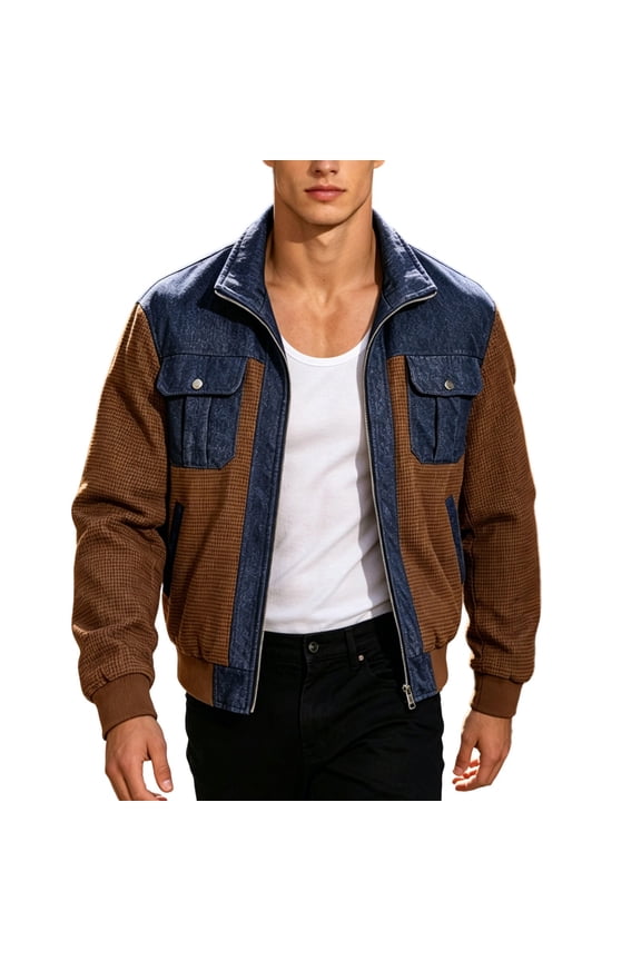 Stand Collar Color Block Pocket Jacket Men Stand Collar Zip Up Vintage Casual Streetwear Jacket Brown S