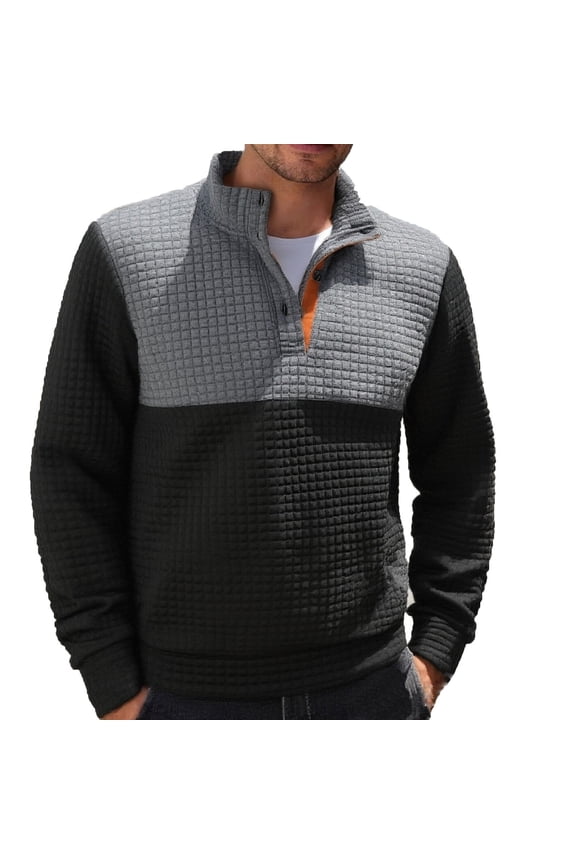 Stand Collar Half Zip Pullover Men Color Block Quilted Long Sleeve Casual Top Black XXL