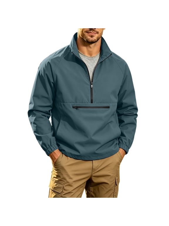 Stand Collar Half-Zip Windbreaker Men Casual Pullover With Zipper Pocket for Hiking Blue S