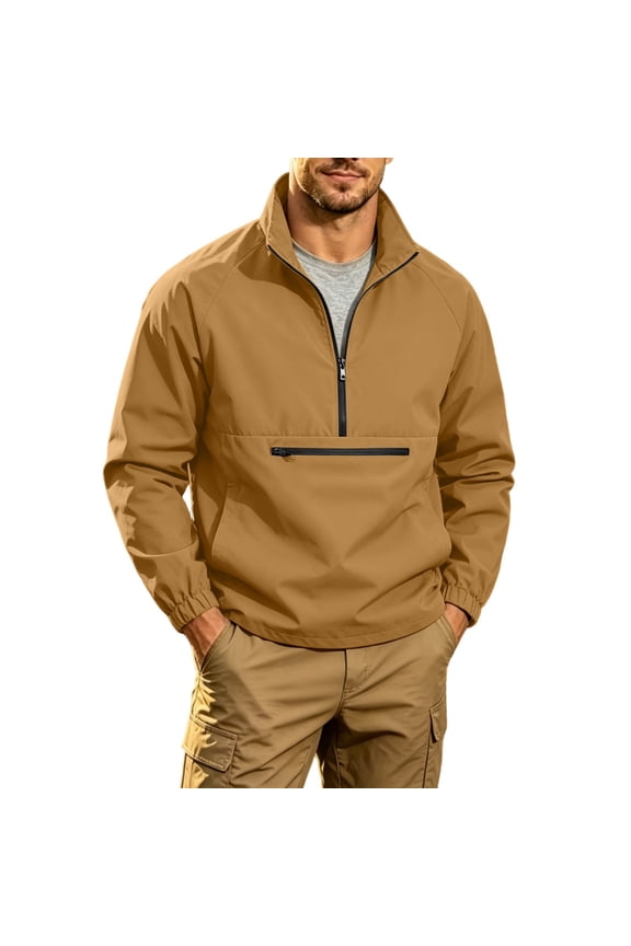 Stand Collar Half-Zip Windbreaker Men Casual Pullover With Zipper Pocket for Hiking Brown XS