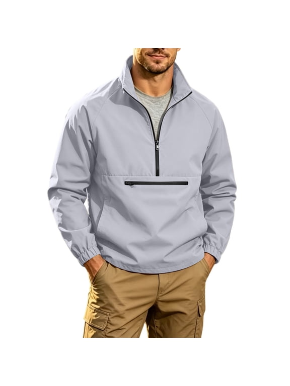Stand Collar Half-Zip Windbreaker Men Casual Pullover With Zipper Pocket for Hiking Purple XXXL