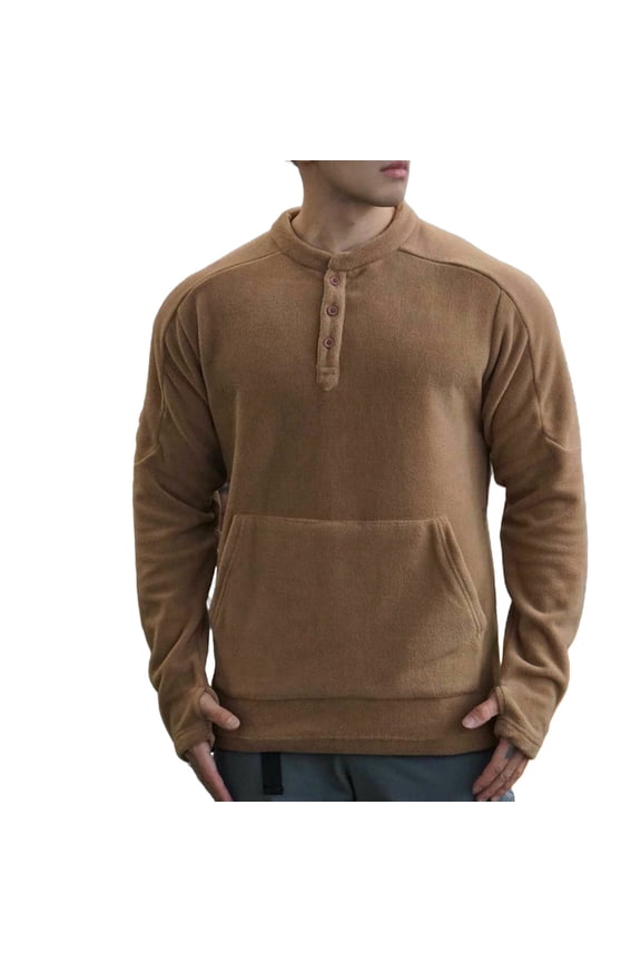 Stand Collar Henley Fleece Sweatshirt Men Casual Pullover With Kangaroo Pocket For Daily Coffee M