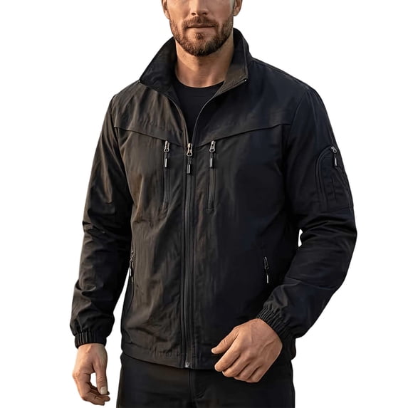 Mrmaere Stand Collar Multi Pocket Jacket Men Stand Collar Zip Up Lightweight Workwear Jacket Black XXXL