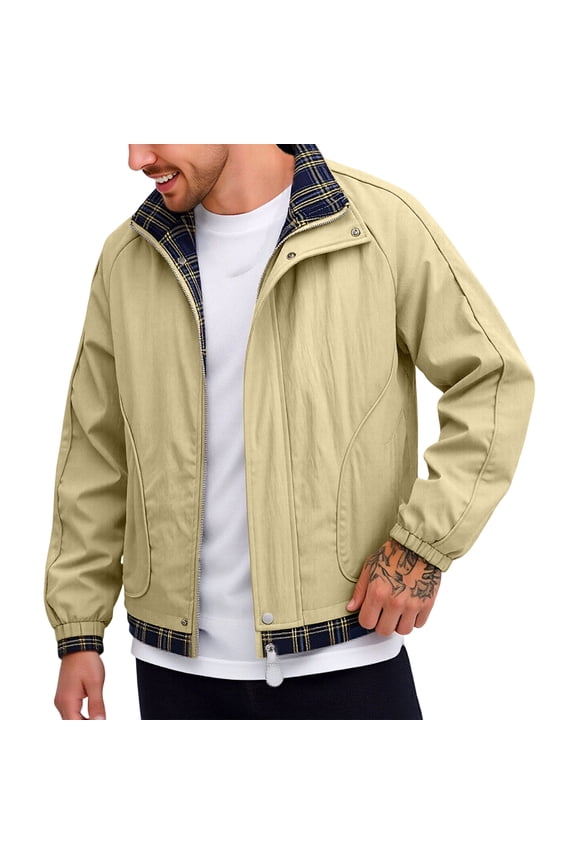 Stand Collar Plaid Trim Casual Jacket Men Stand Collar Zip Up Vintage Streetwear Jacket Yellow XXXL