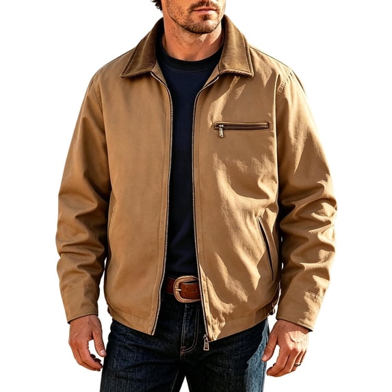 Mrmaere Turn Down Collar Corduroy Collar Jacket Men Turn Down Collar Zip Up Vintage Casual Workwear Jacket Coffee L