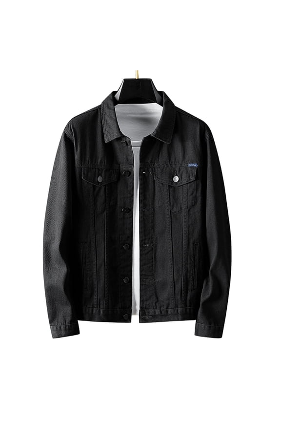 Turn Down Collar Denim Jacket Men Button Closure Vintage Casual Streetwear Jacket Black XL