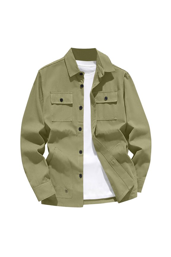 Turn Down Collar Multi Pocket Work Jacket Men Button Closure Durable Casual Workwear Jacket Army Green XS