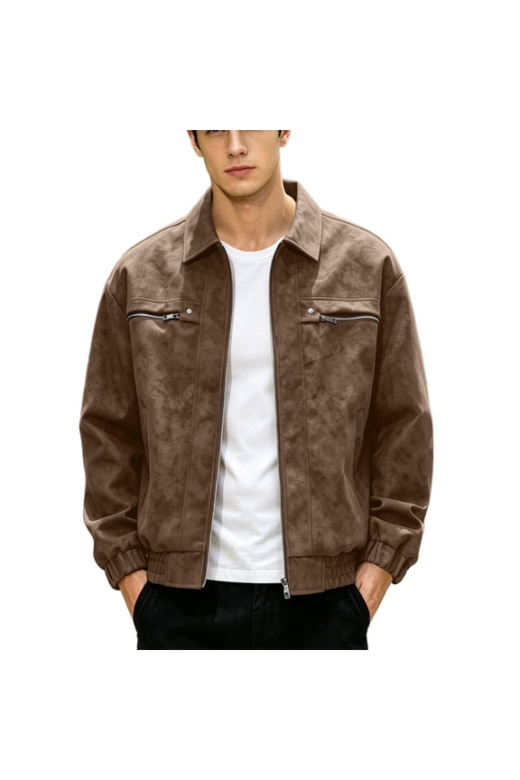 Turn Down Collar Zip Up Faux Leather Jacket Men Turn Down Collar Vintage Casual Party Wear Jacket Brown M
