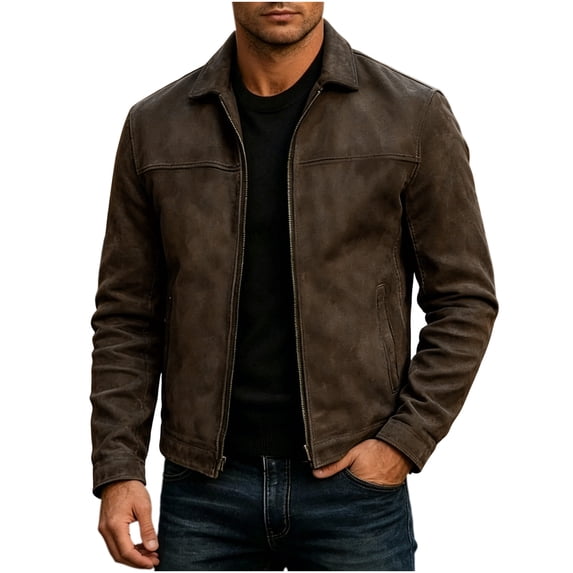 Mrmaere Turn Down Collar Zip Up Suede Jacket Men Turn Down Collar Vintage Casual Daily Wear Jacket Brown XXL