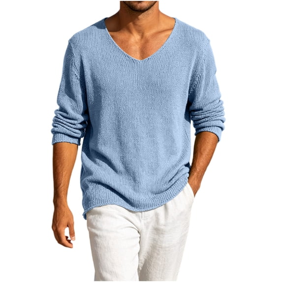 Mrmaere V Neck Knit Sweater Men Long Sleeve Loose Casual Beach Pullover Top Sky Blue M