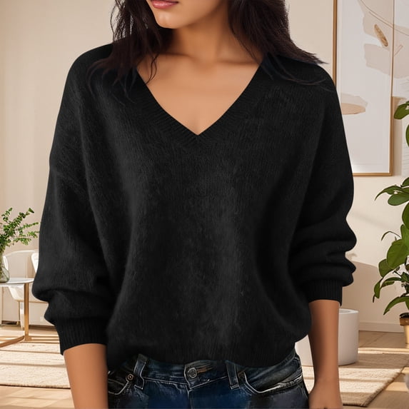 Mrmaere Women's V Neck Batwing Sleeve Oversized Knit Sweater for Comfortable Loungewear and Layering Black L