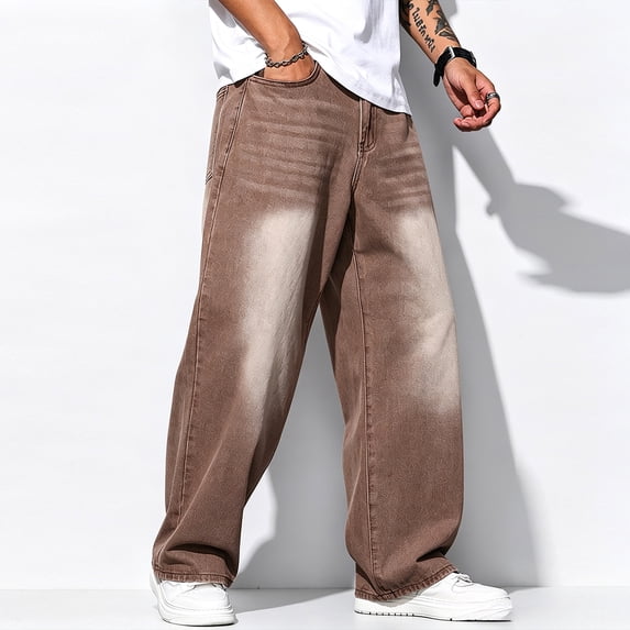 Mrmall Men Vintage Brown Wash Wide Leg Jeans Baggy Loose Straight Denim Pants Streetwear Casual Trousers for Daily Wear