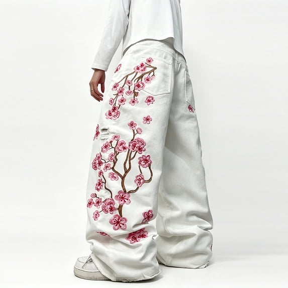 Mrmall Men White Baggy Jeans Cherry Blossom Embroidered Ripped Wide‑Leg Denim Pants Designer Look Jeans Men