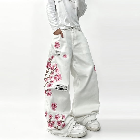 Mrmall Men White Baggy Jeans Cherry Blossom Embroidered Ripped Wide‑Leg Denim Pants Designer Look Jeans Men