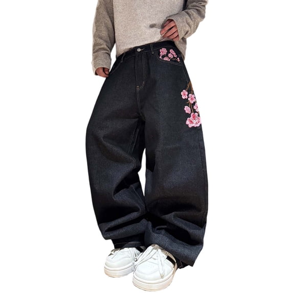 Mrmall Men's Baggy Jeans Blossom Embroidery Pattern Wide Leg Loose Fit Y2K Jeans Mid Rise Denim Pants Streetwear