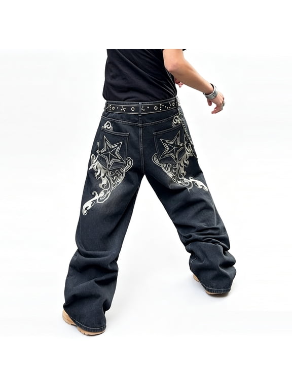 Men's Dark Wash Baggy Jeans with Star Patch on Back Pocket Loose Floor‑Length Denim Pants Hip‑Hop Streetwear Trousers