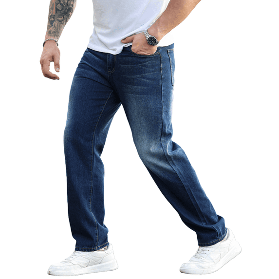 Mrmall Men's Jeans Mid Waisted Straight Leg Stretchy Jeans Trendy Loose Regular Fit Denim Jeans with Pockets